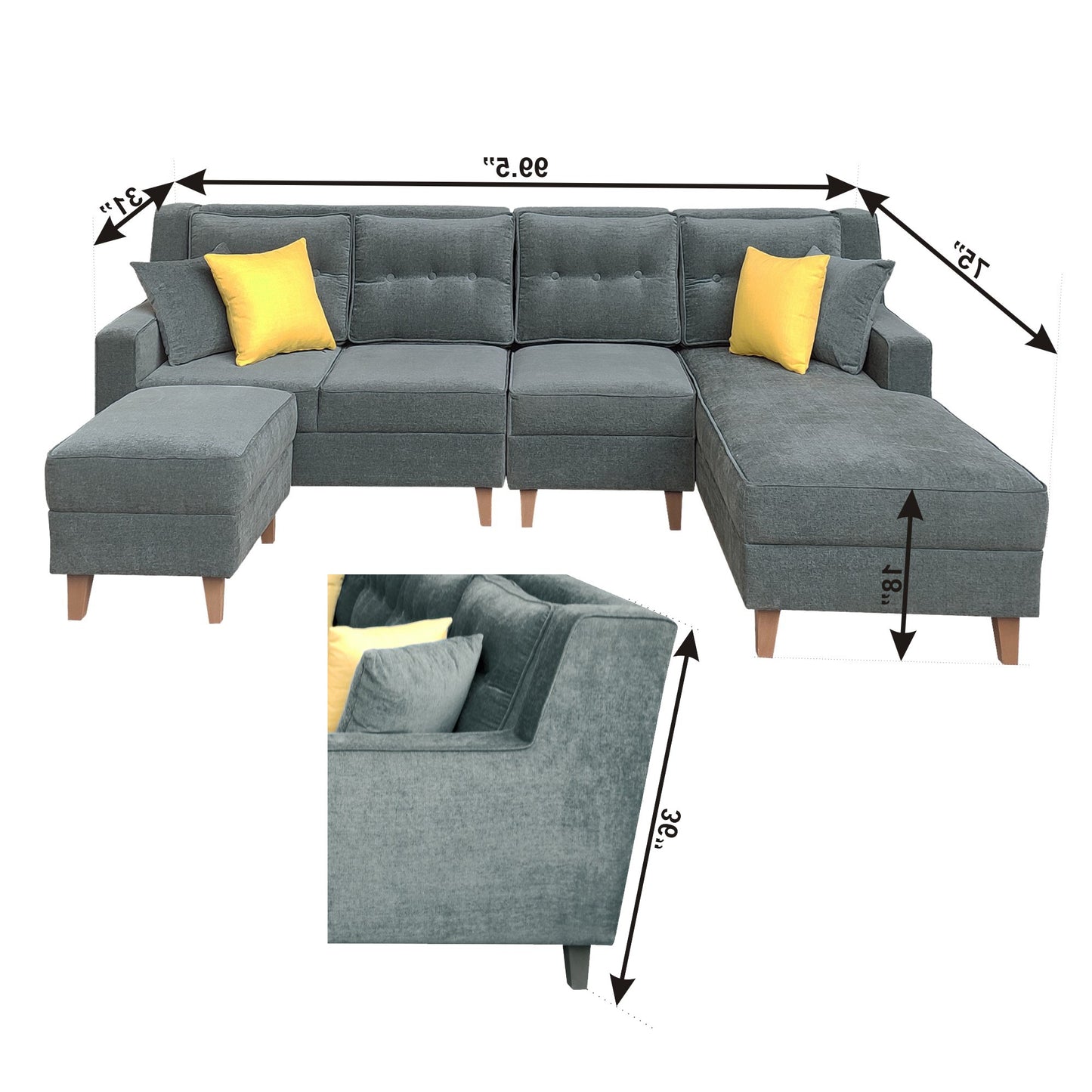 Santafee 6 Seater Right Facing Corner Sofa with Two Seater Ottoman - Grey