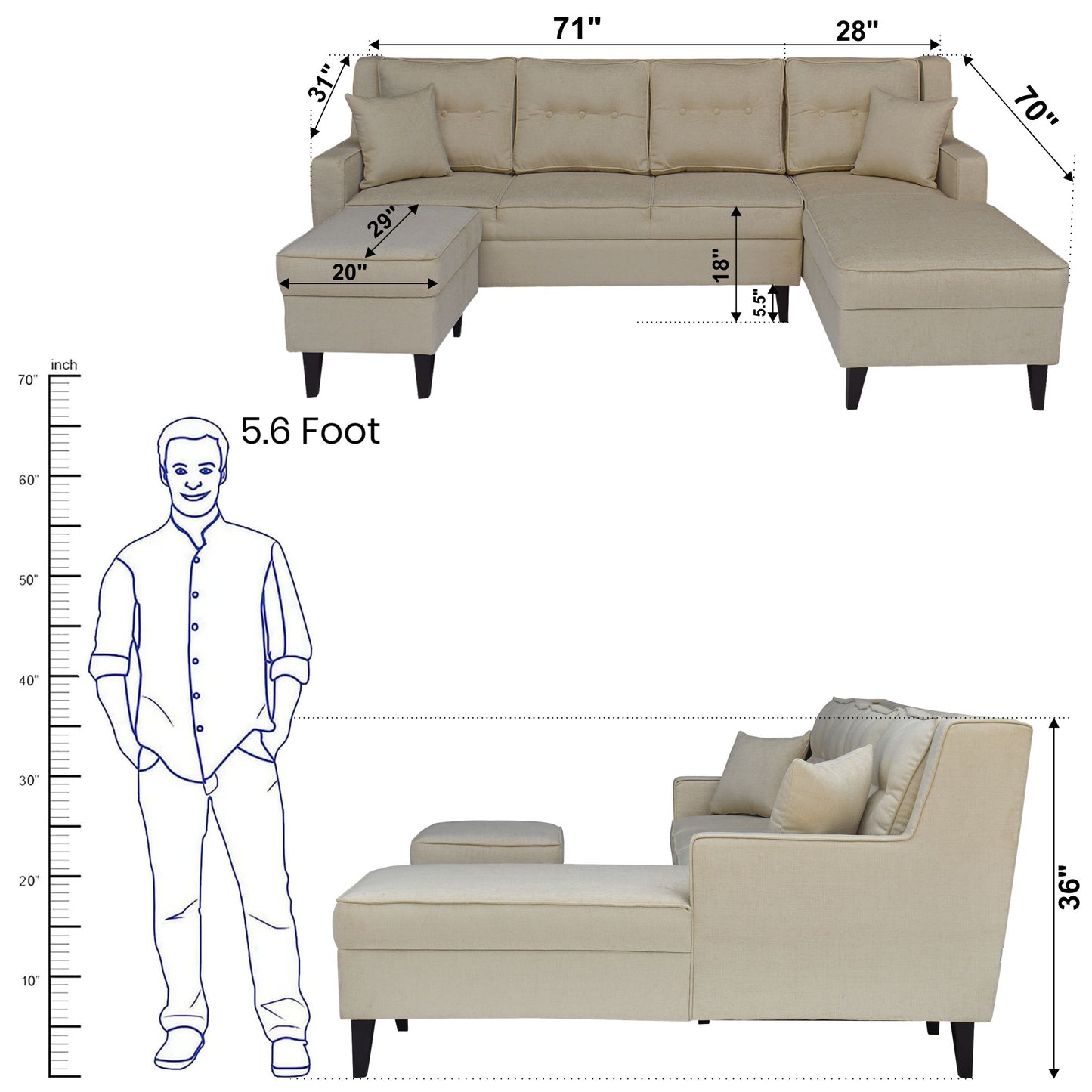 Santafee 6 Seater Sofa - Beige