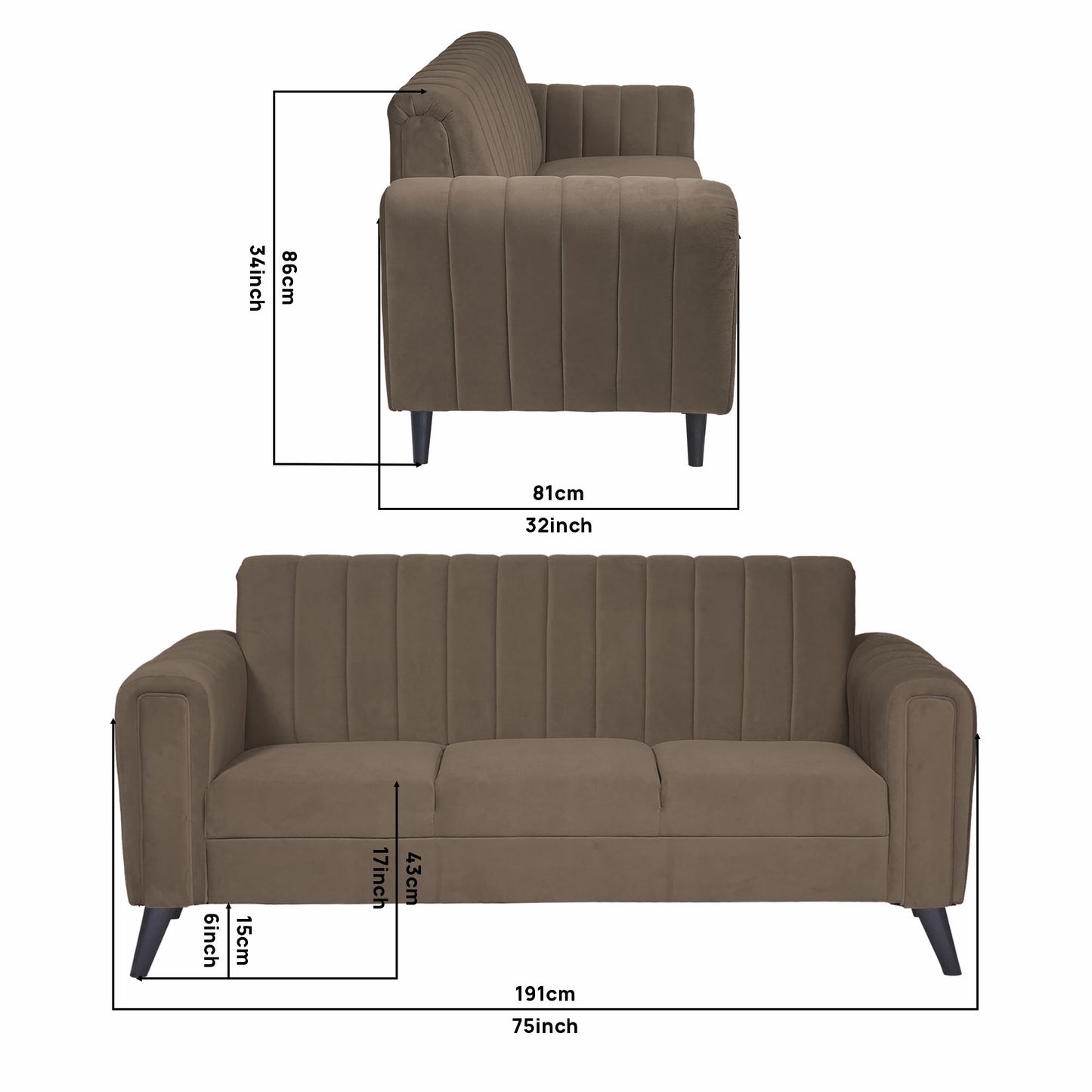 Mabel Quilted Back Fabric Sofa - Dark Brown