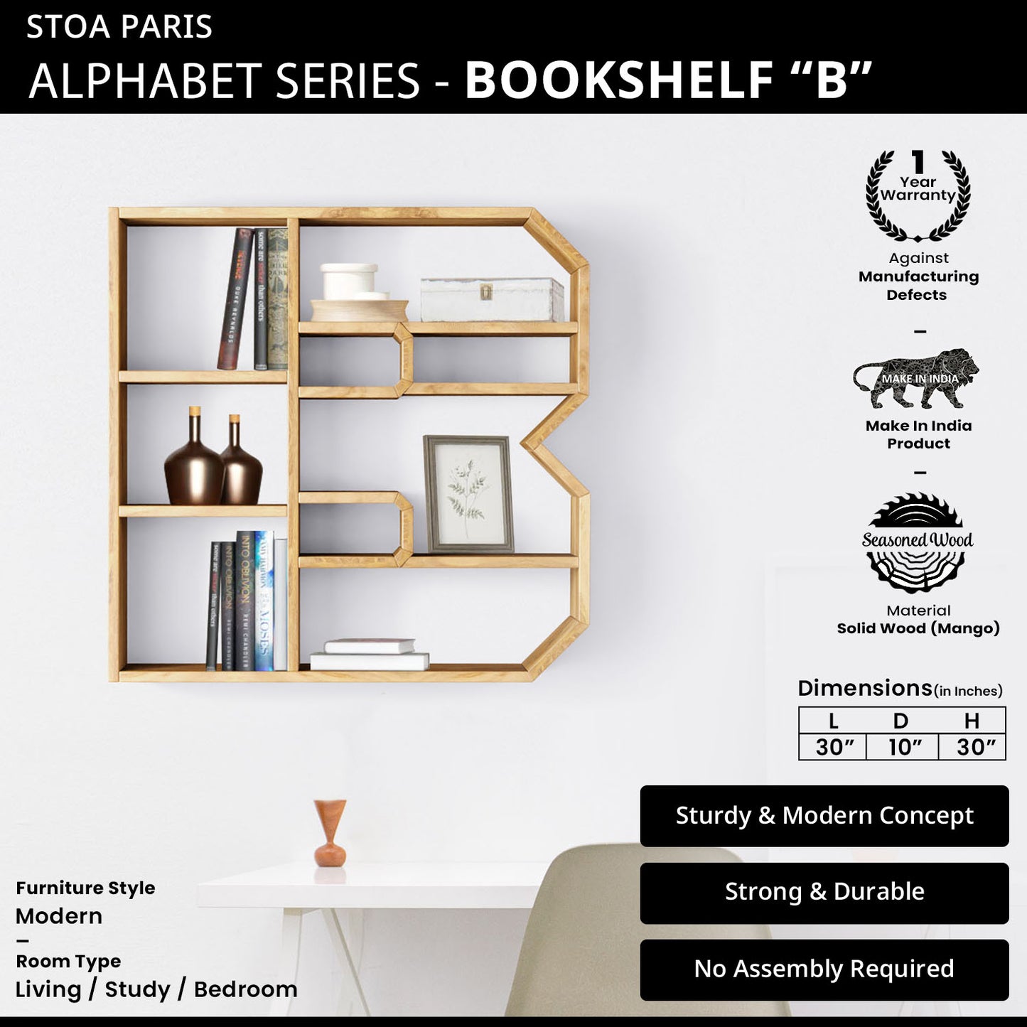 Bookshelf Alphabet "B" In Mango Wood Natural Polish Shade For Books & Decor
