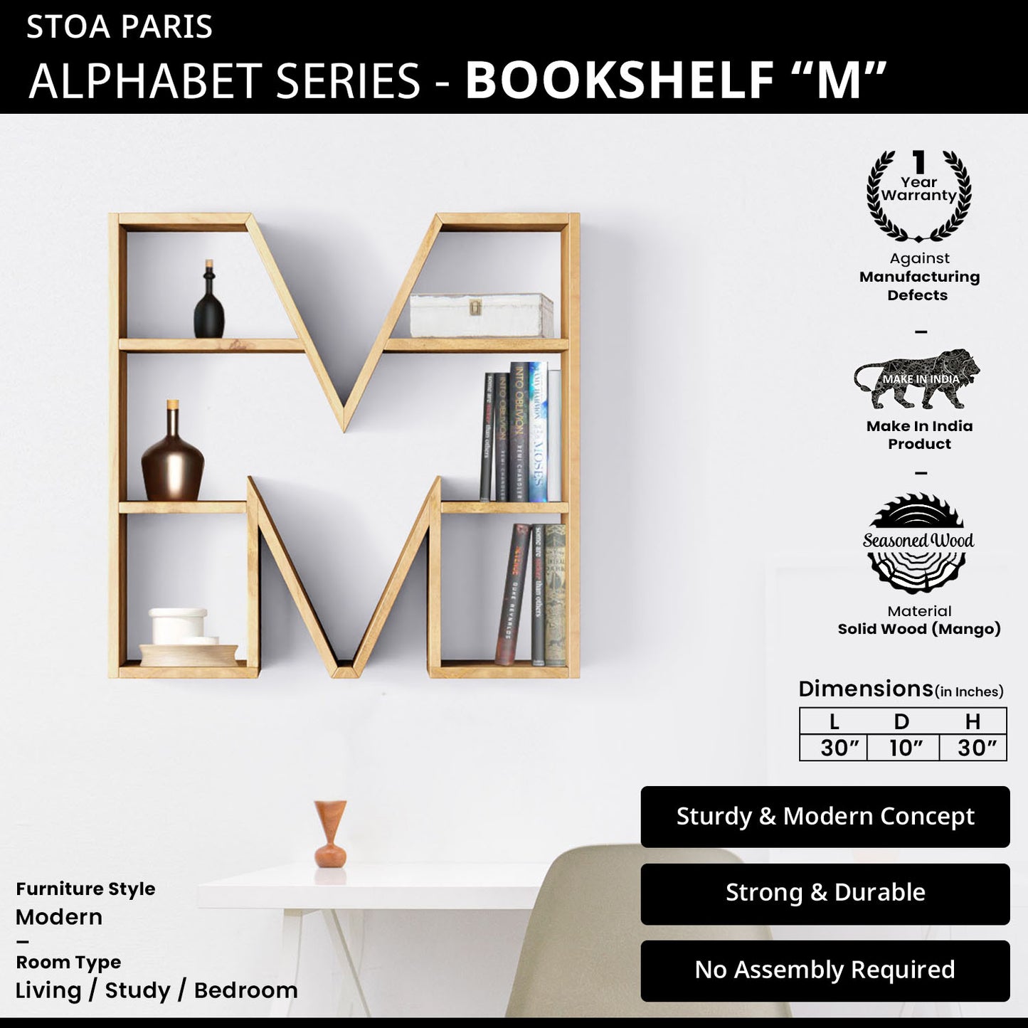 Bookshelf Alphabet "M" In Mango Wood Natural Polish Shade For Books & Decor