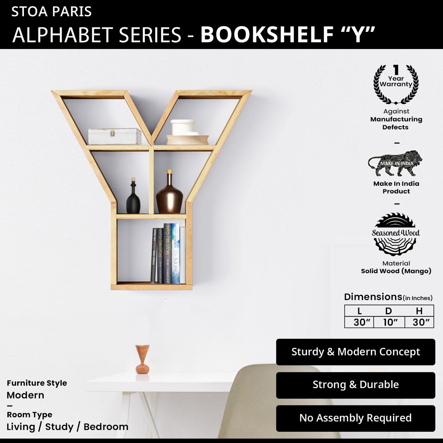 Bookshelf Alphabet "Y" In Mango Wood Natural Polish Shade For Books & Decor