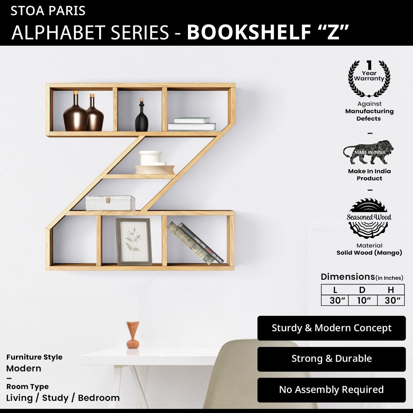 Bookshelf Alphabet "Z" In Mango Wood Natural Polish Shade For Books & Decor