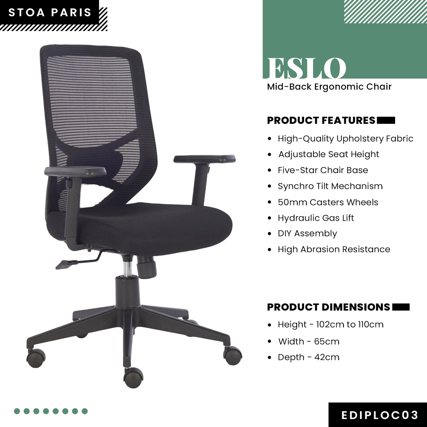 Eslo - Mid-Back Ergonomic Chair/Study Chair/Revolving Chair/Computer Chair for Work from Home & Office