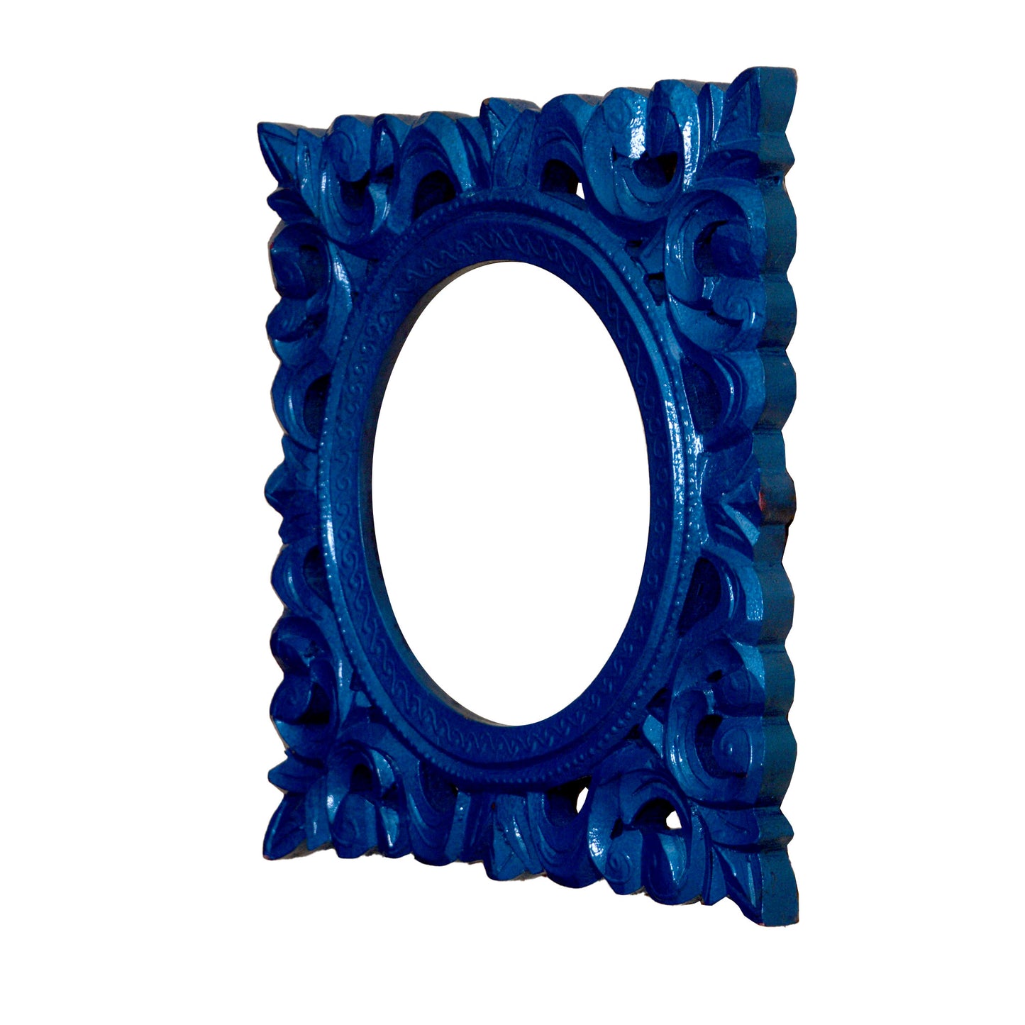 Oviyan - Solid Wood Wall Hanging Mirror Frame In Blue Colour Paint Finish