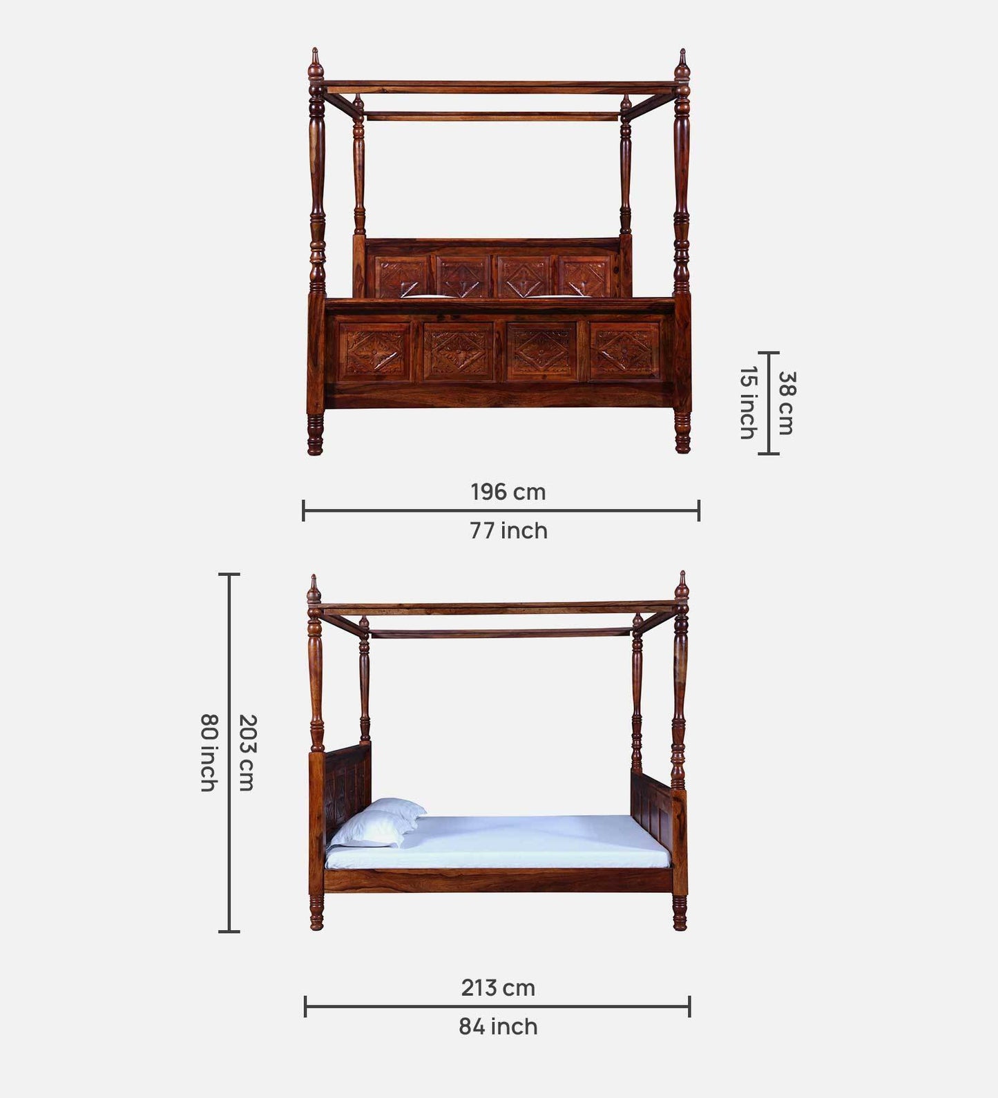 Sheesham Wood King Size Non Storage Poster Bed In Honey Oak Finish