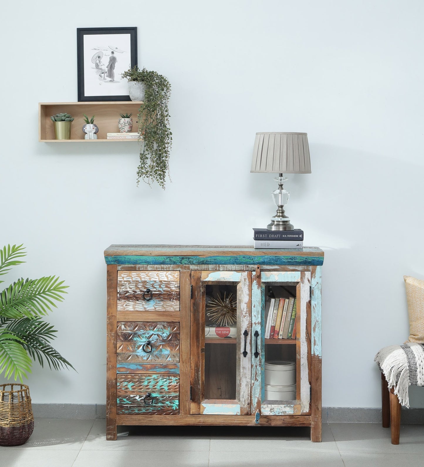 Reclaimed Wood Crockery Unit In Distress Paint Finish