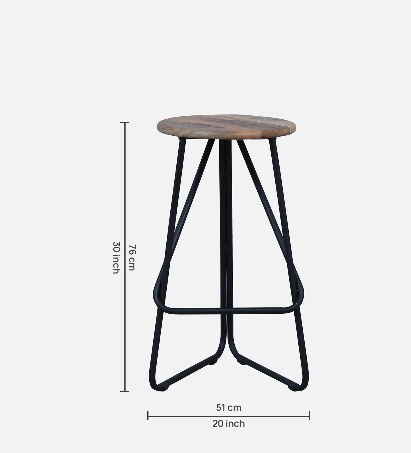 Metal Bar Stool In Black Color Base Frame & Solid Wooden Seat In Natural Polish Finish