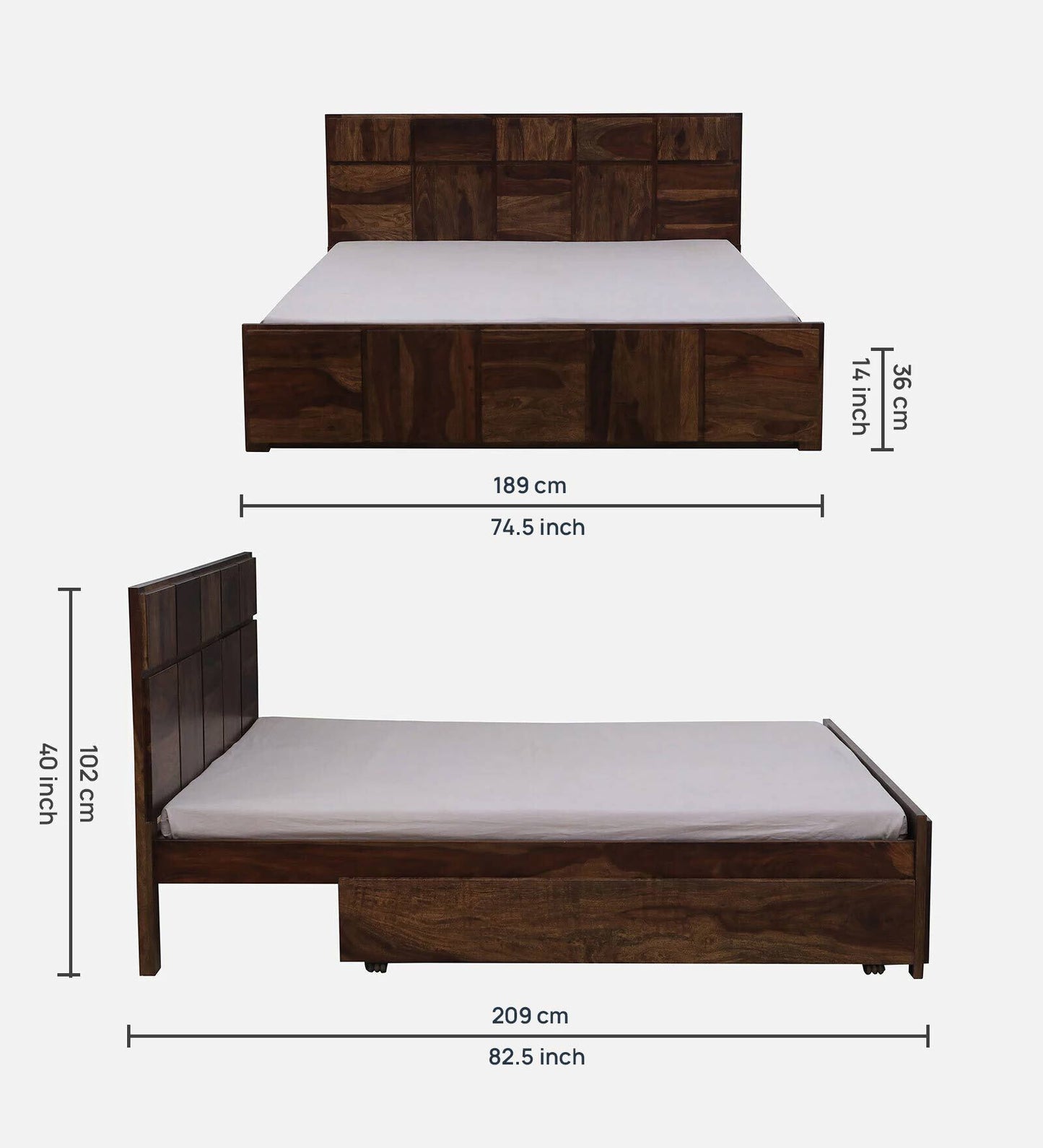 Sheesham Wood King Size Bed In Light Walnut Polish Finish With Drawer Storage