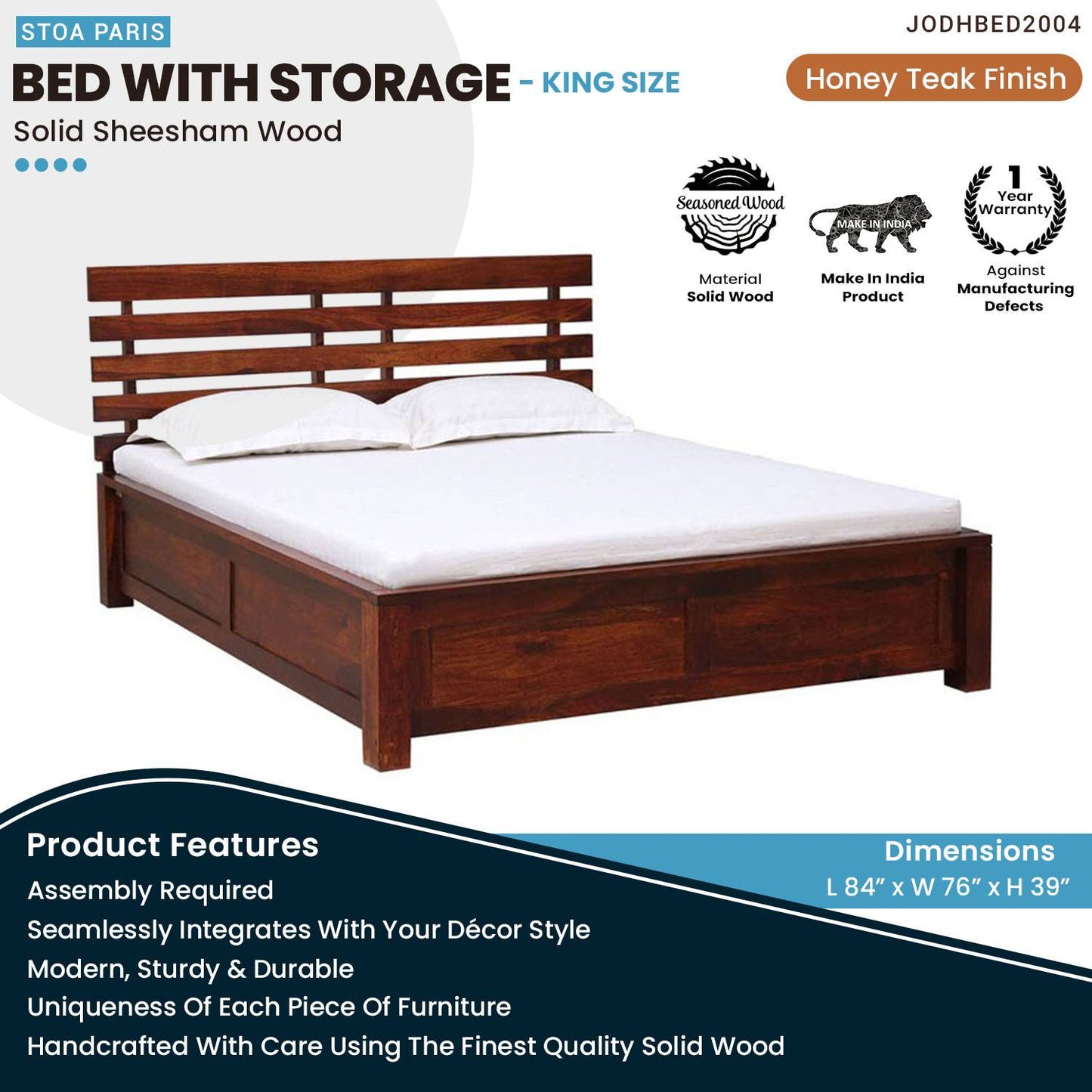 Ozzy Wooden Storage Bed Solid Wood Bed For Home In Honey Teak Polish Finish
