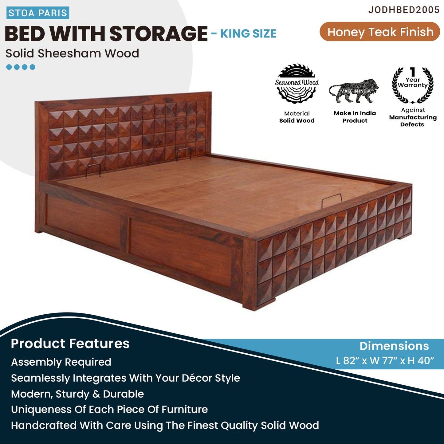 Blister Wooden Storage Bed Solid Wood Bed For Home In Honey Teak Polish Finish