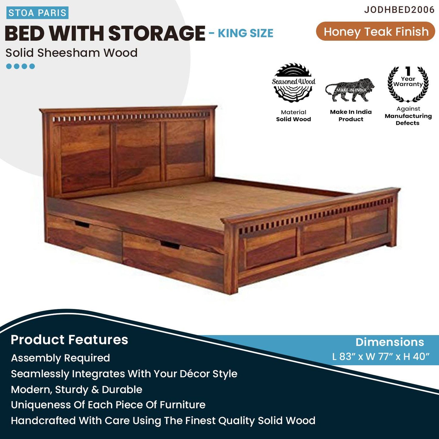Martin Wooden Storage Bed Solid Wood Bed For Home In Honey Teak Polish Finish