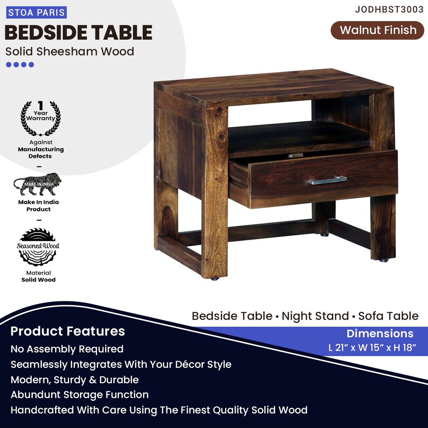 Stivia Nightstand Bedside Table With Drawer In Solid Wood In Walnut Polish Finish