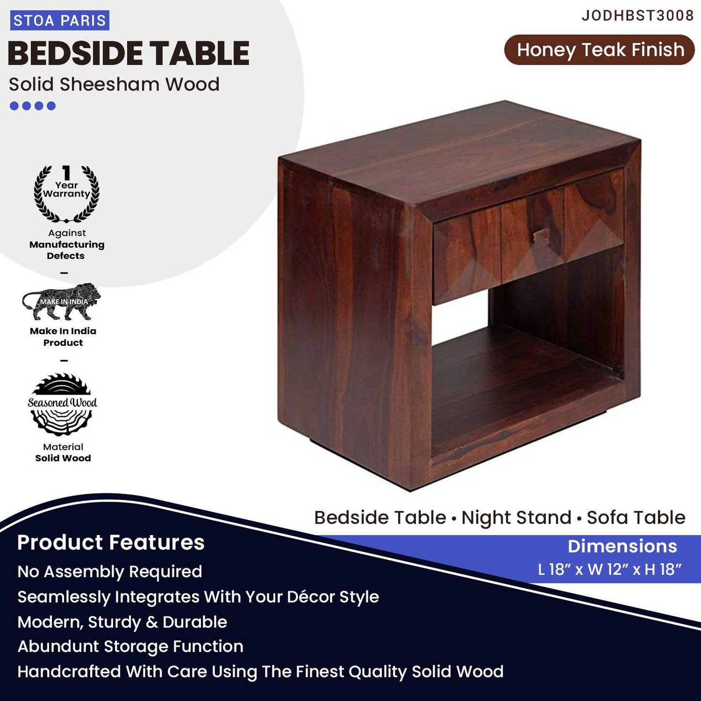Woben Nightstand Bedside Table With Drawer In Solid Sheesham Wood In Teak Polish Finish