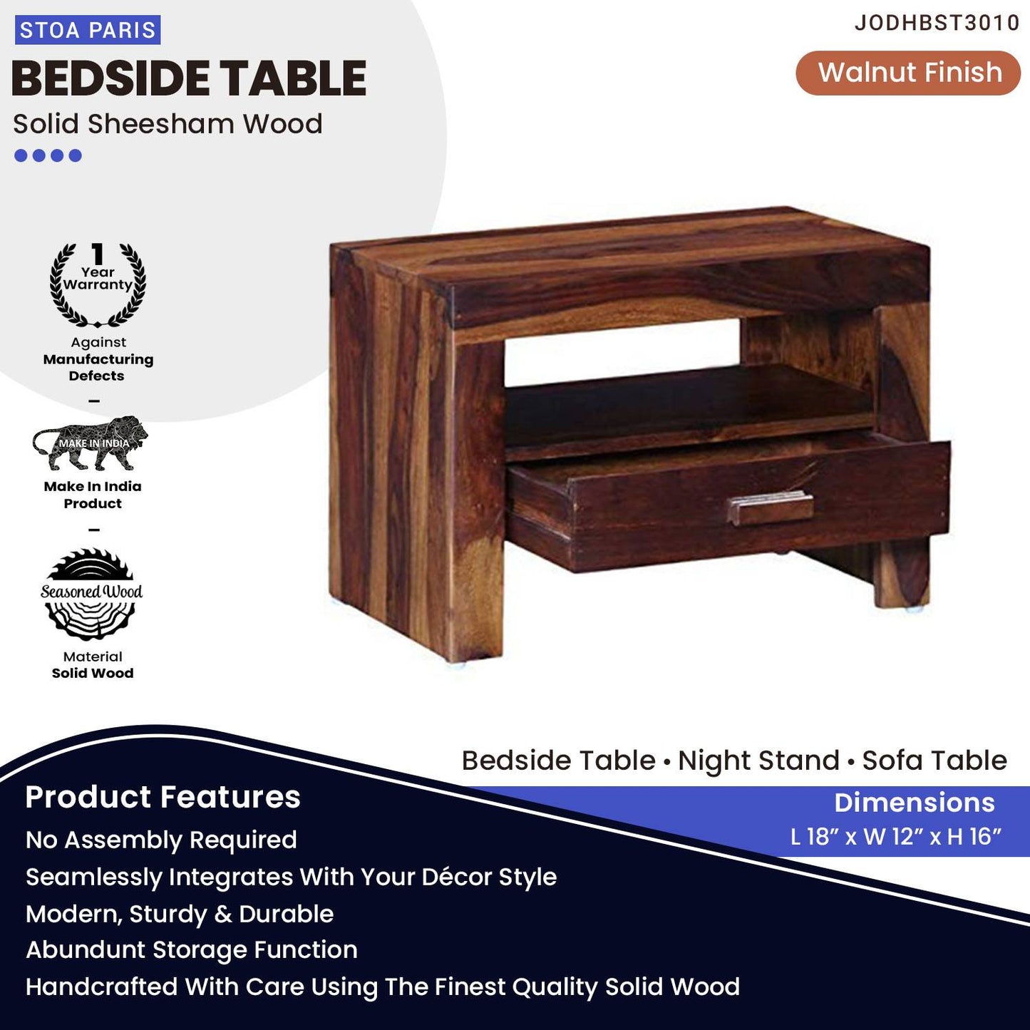 Joye Bedside Table With Drawer In Solid Sheesham Wood In Light Walnut Polish Finish