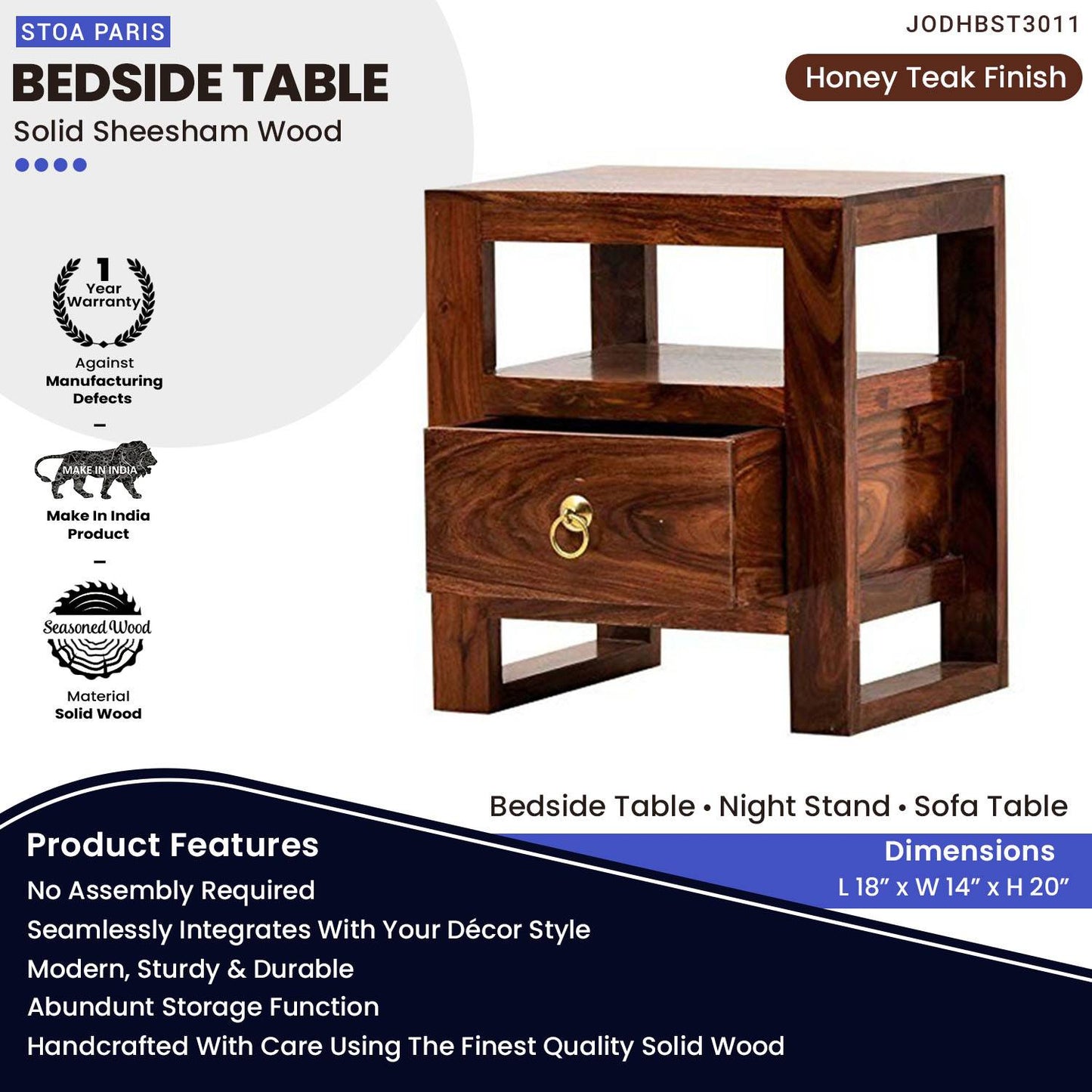 Ross Bedside Table With Drawer In Solid Sheesham Wood In Honey Teak Polish Finish