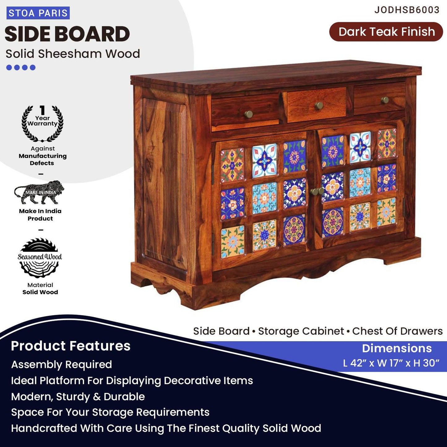 Ricky Solid Sheesham Wood Sideboard / Storage Cabinet In Dark Teak Polish Finish