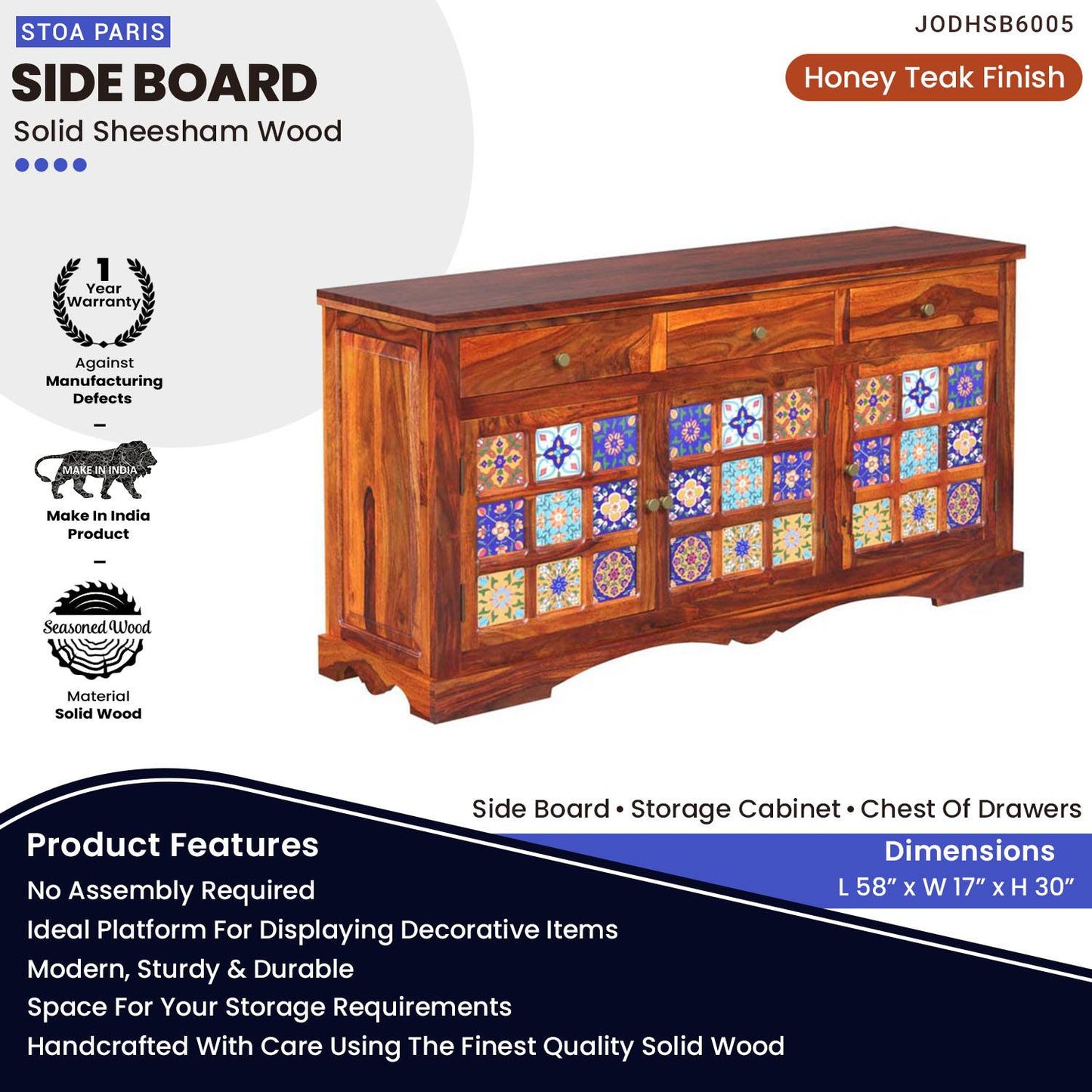 Heyman Wooden Side Board Storage Cabinet Chest Of Drawers In Honey Teak Polish Finish