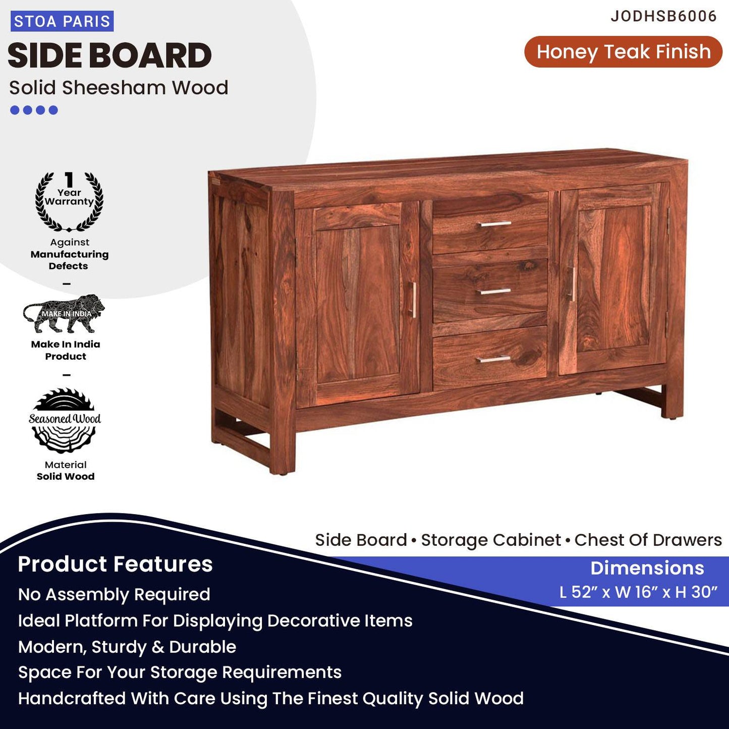 Stuart Sheesham Wood Side Board Storage Cabinet Chest Of Drawers In Honey Teak Polish Finish