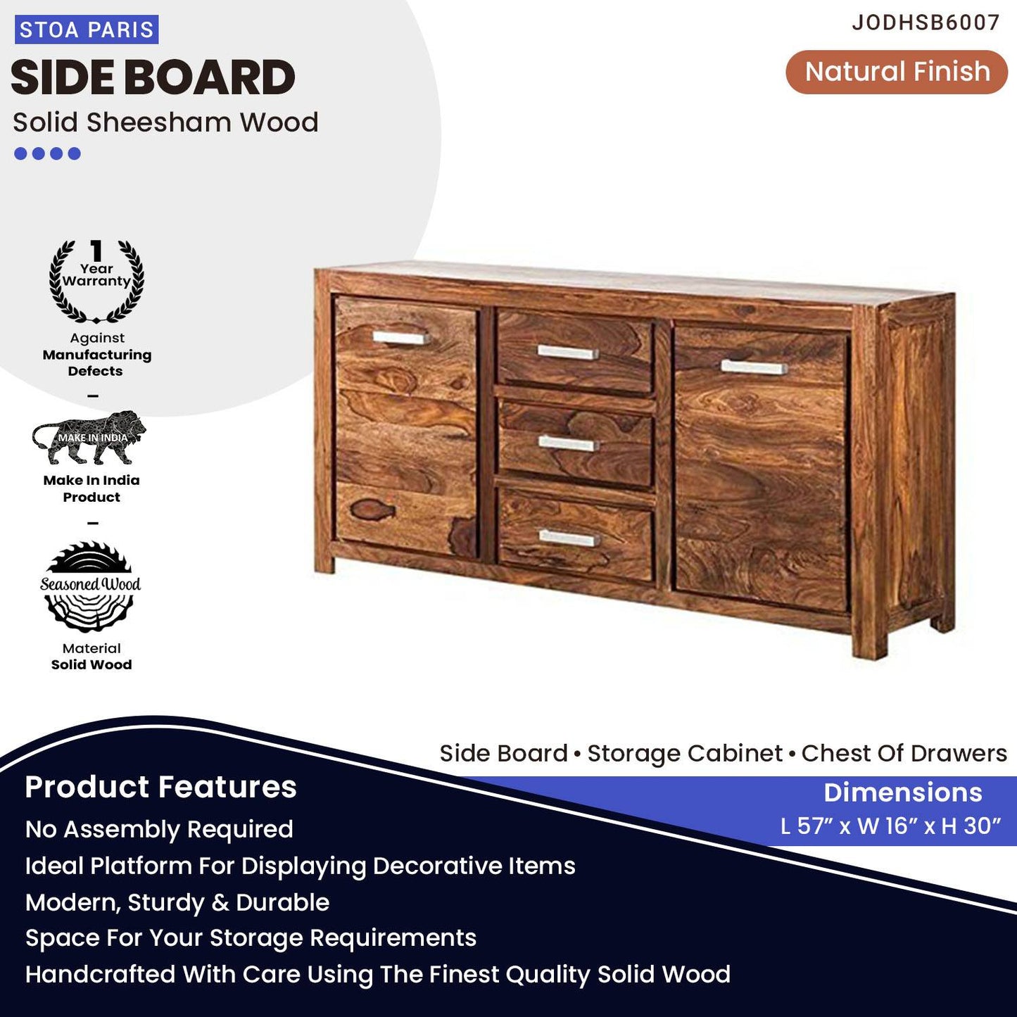 Michel Wooden Side Board Storage Cabinet Chest Of Drawers In Natural Polish Finish