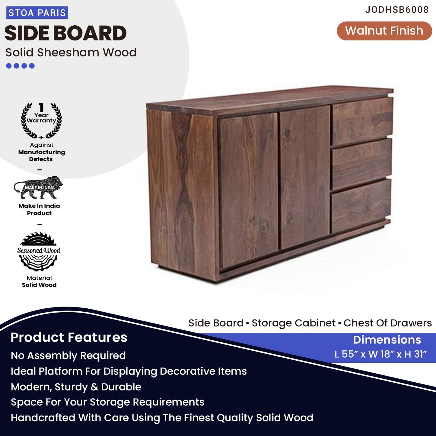 Denvar Wooden Side Board Storage Cabinet Chest Of Drawers In Walnut Polish Finish