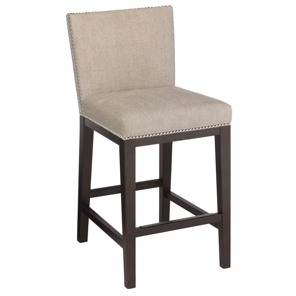 Greek Solid Wood Bar Chair In Fabric Seat Upholstery & Dark Walnut Polish