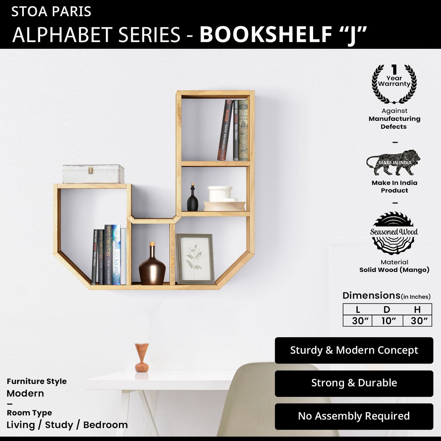 Bookshelf Alphabet "J" In Mango Wood Natural Polish Shade For Books & Decor