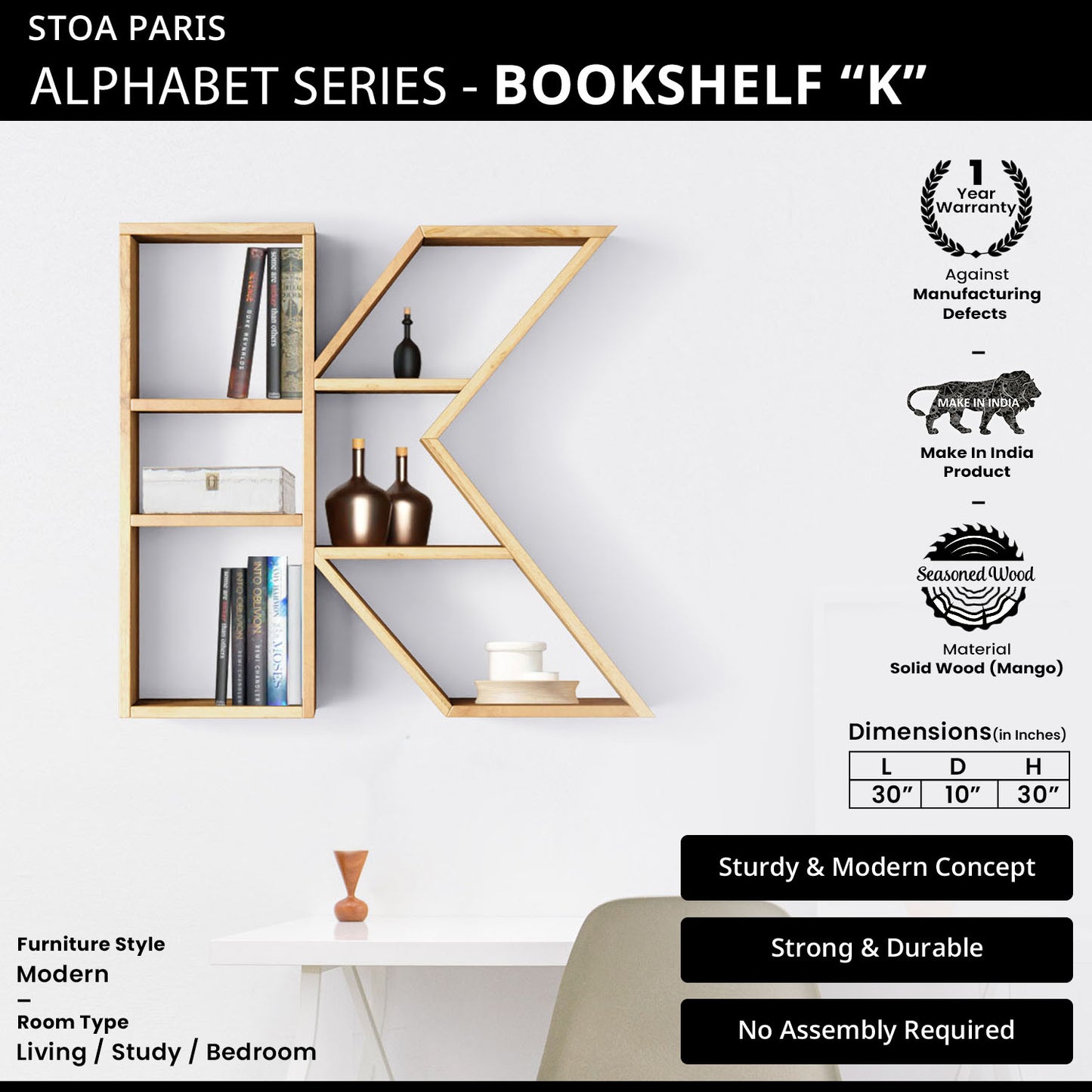 Bookshelf Alphabet "K" In Mango Wood Natural Polish Shade For Books & Decor