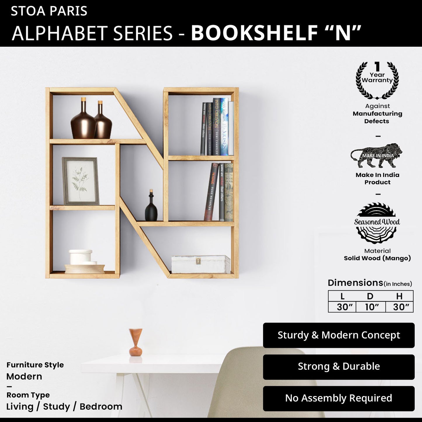 Bookshelf Alphabet "N" In Mango Wood Natural Polish Shade For Books & Decor