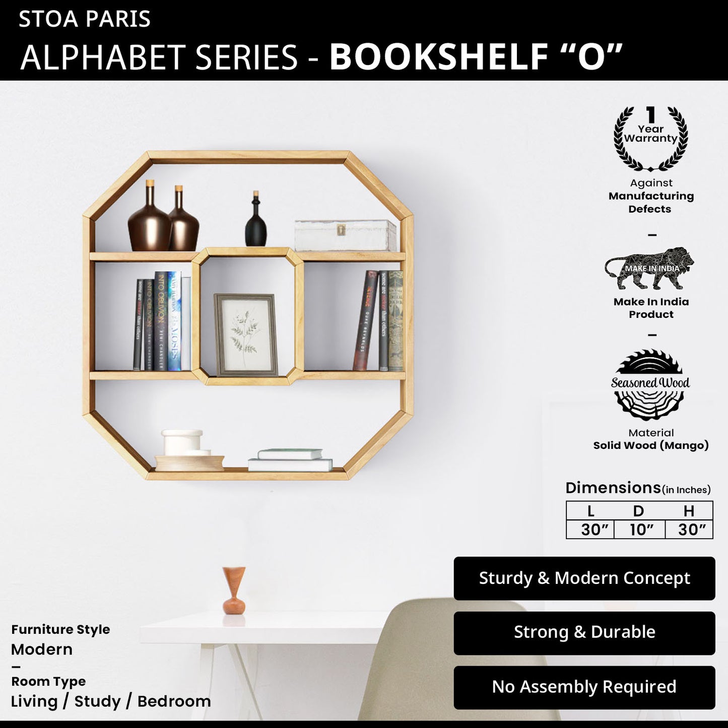 Bookshelf Alphabet "O" In Mango Wood Natural Polish Shade For Books & Decor