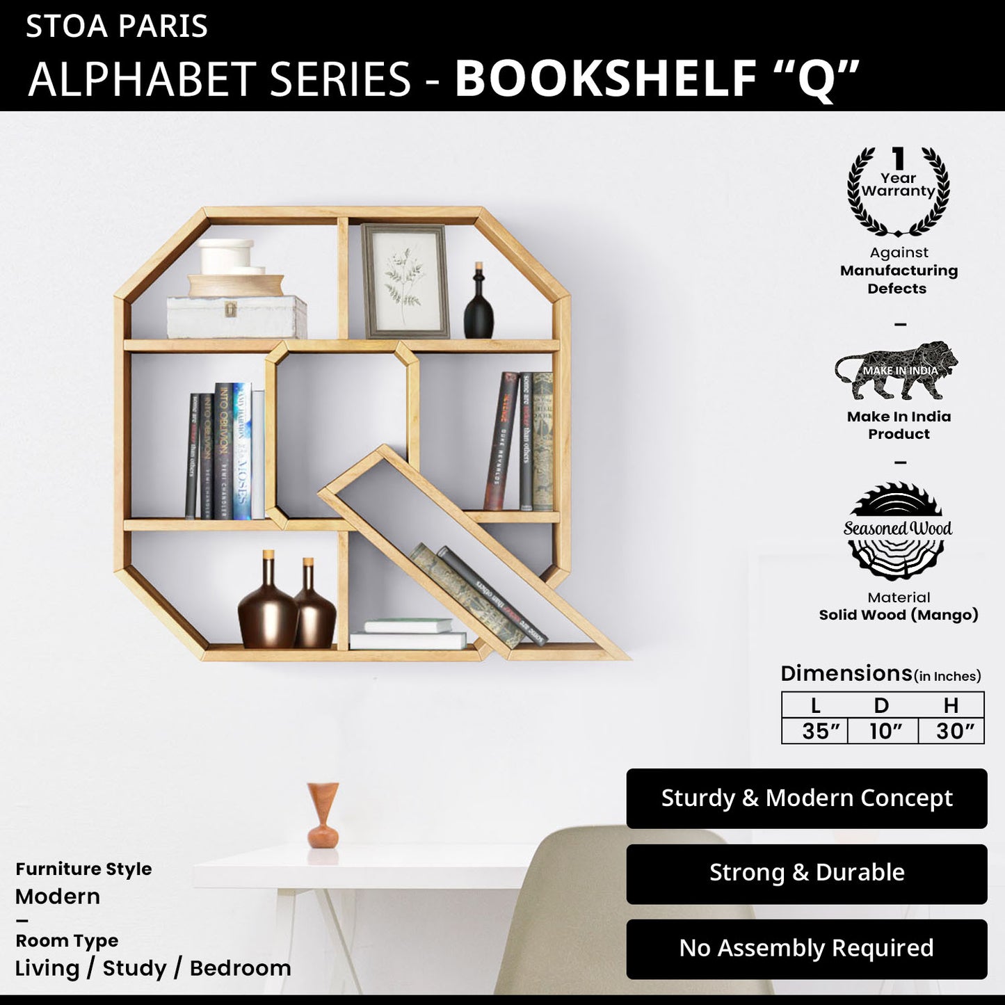 Bookshelf Alphabet "Q" In Mango Wood Natural Polish Shade For Books & Decor