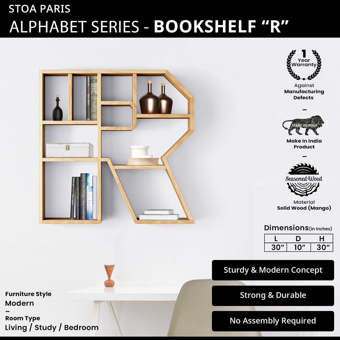 Bookshelf Alphabet "R" In Mango Wood Natural Polish Shade For Books & Decor