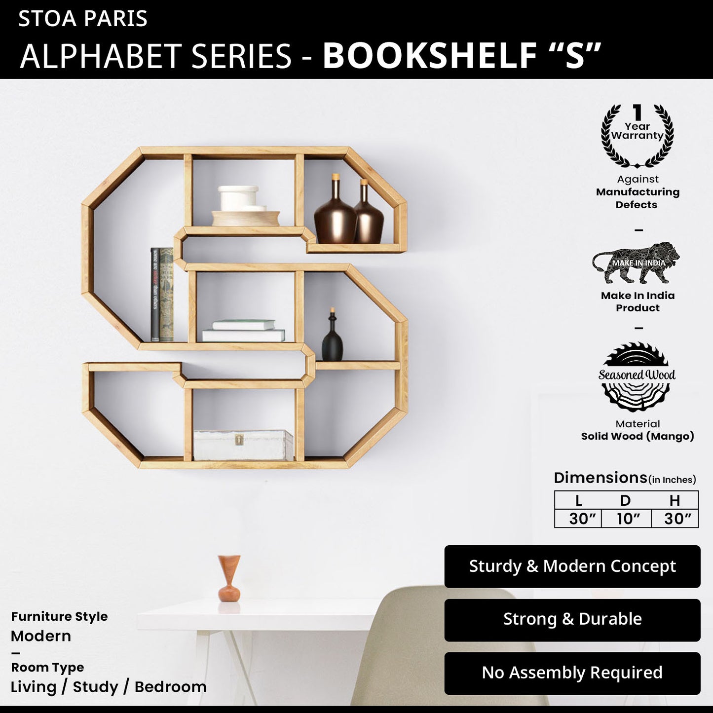 Bookshelf Alphabet "S" In Mango Wood Natural Polish Shade For Books & Decor