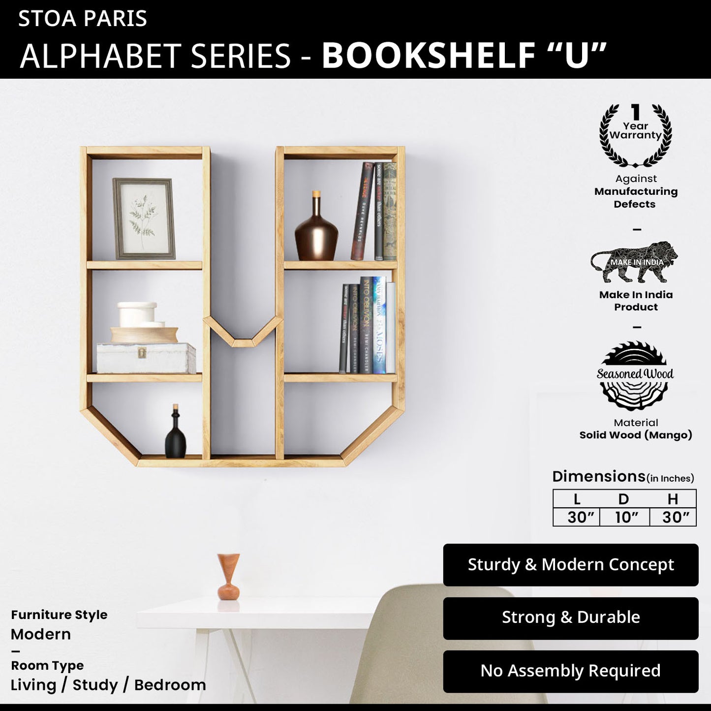 Bookshelf Alphabet "U" In Mango Wood Natural Polish Shade For Books & Decor
