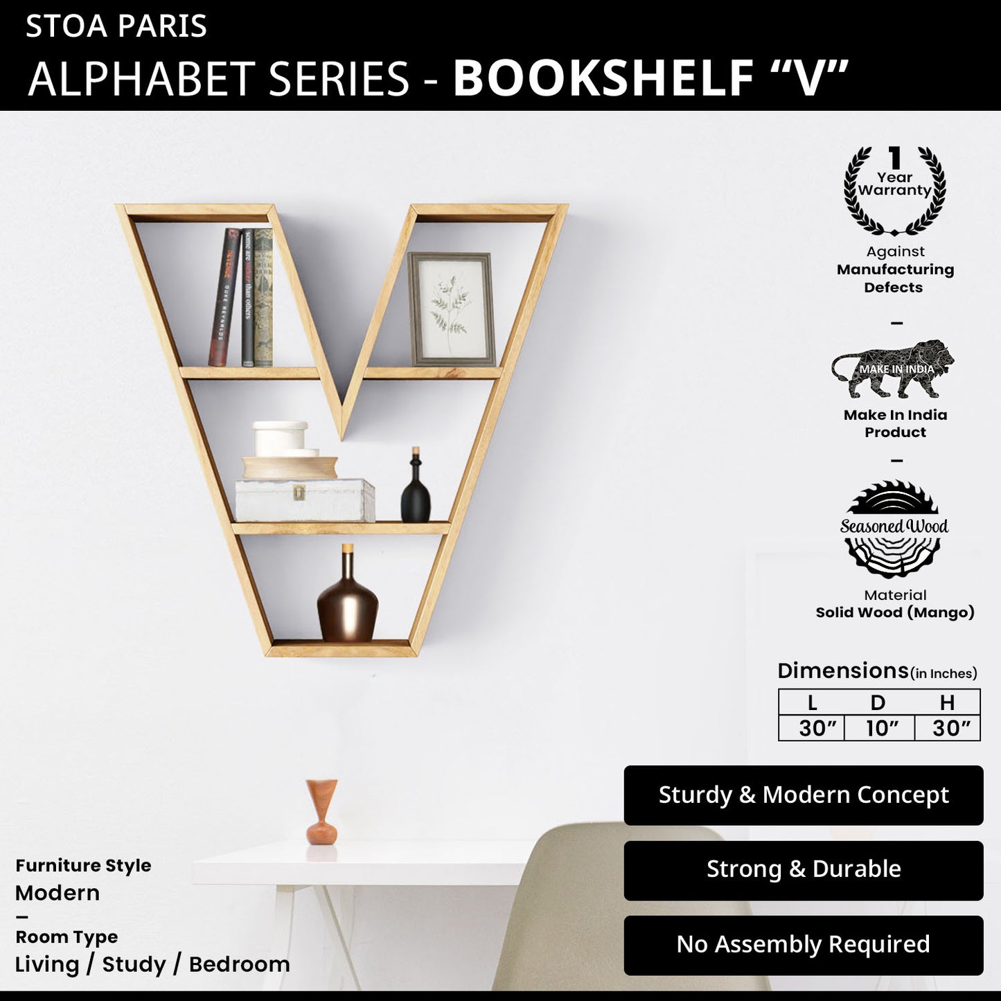 Bookshelf Alphabet "V" In Mango Wood Natural Polish Shade For Books & Decor