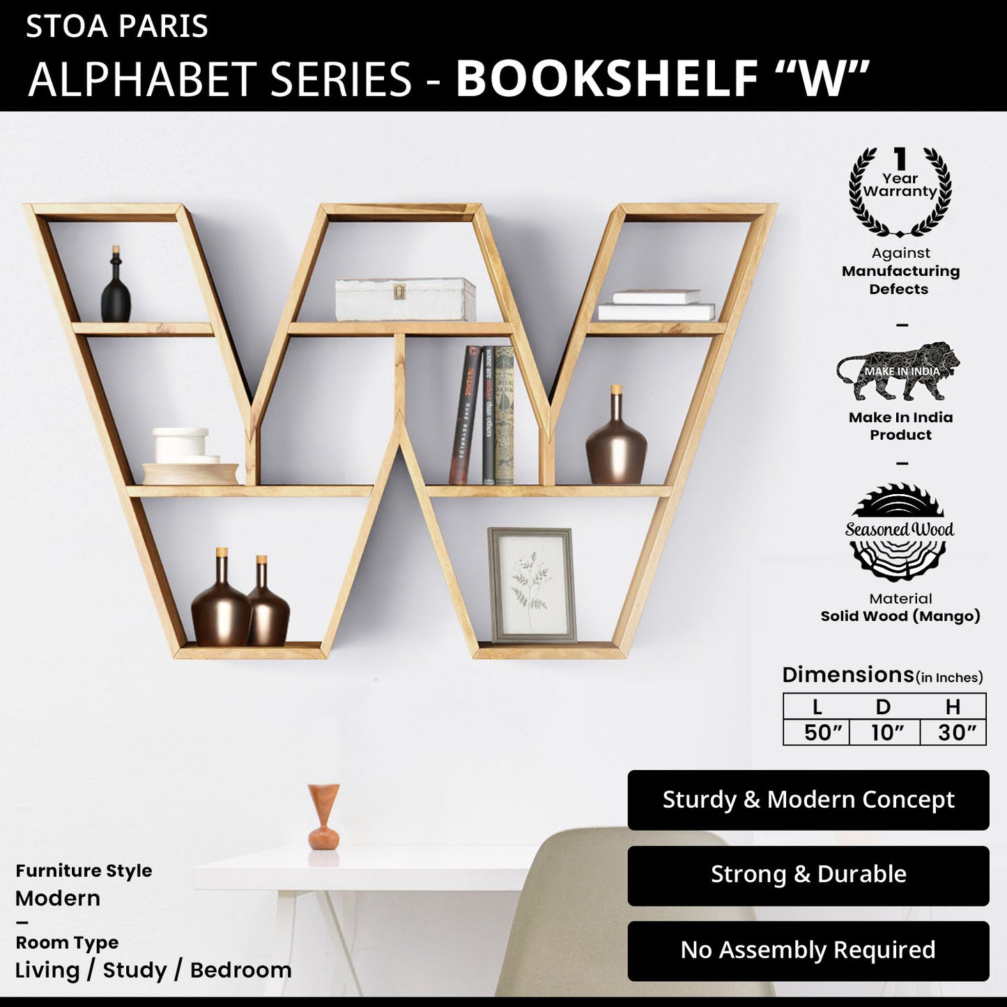 Bookshelf Alphabet "W" In Mango Wood Natural Polish Shade For Books & Decor