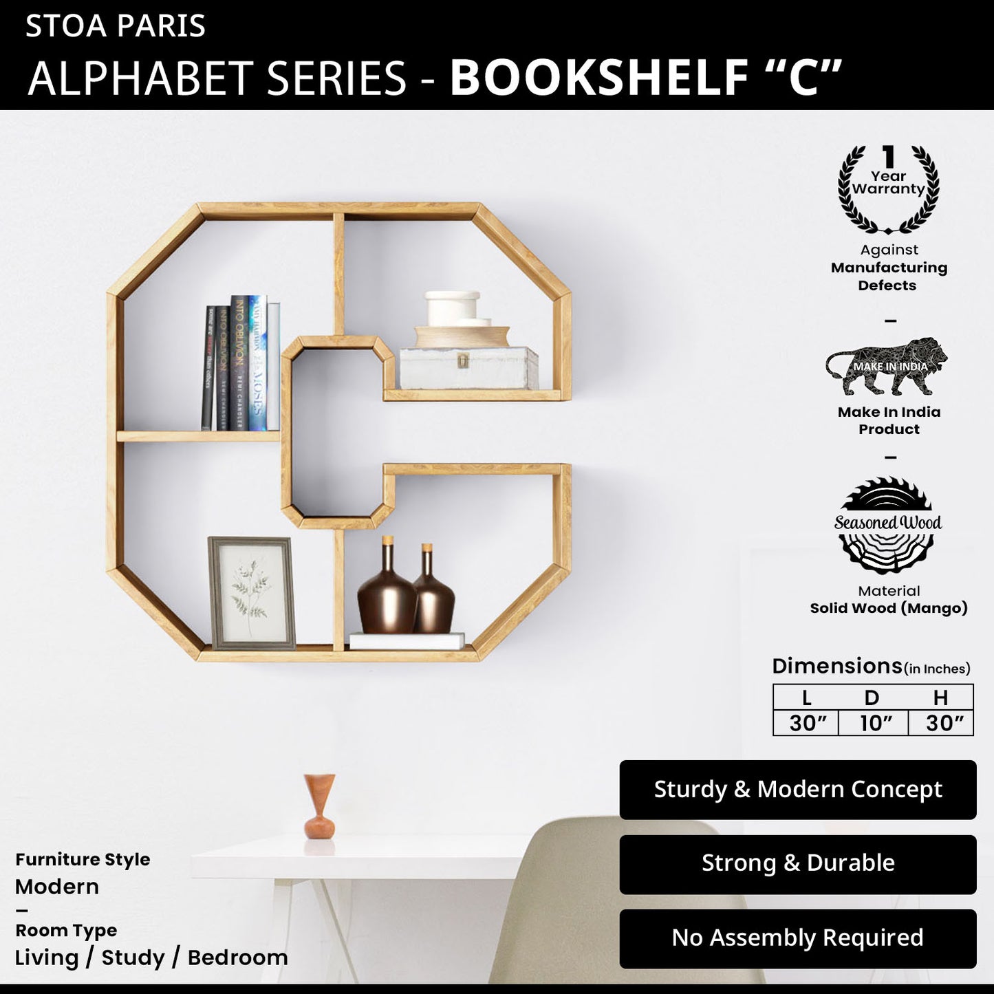 Bookshelf Alphabet "C" In Mango Wood Natural Polish Shade For Books & Decor