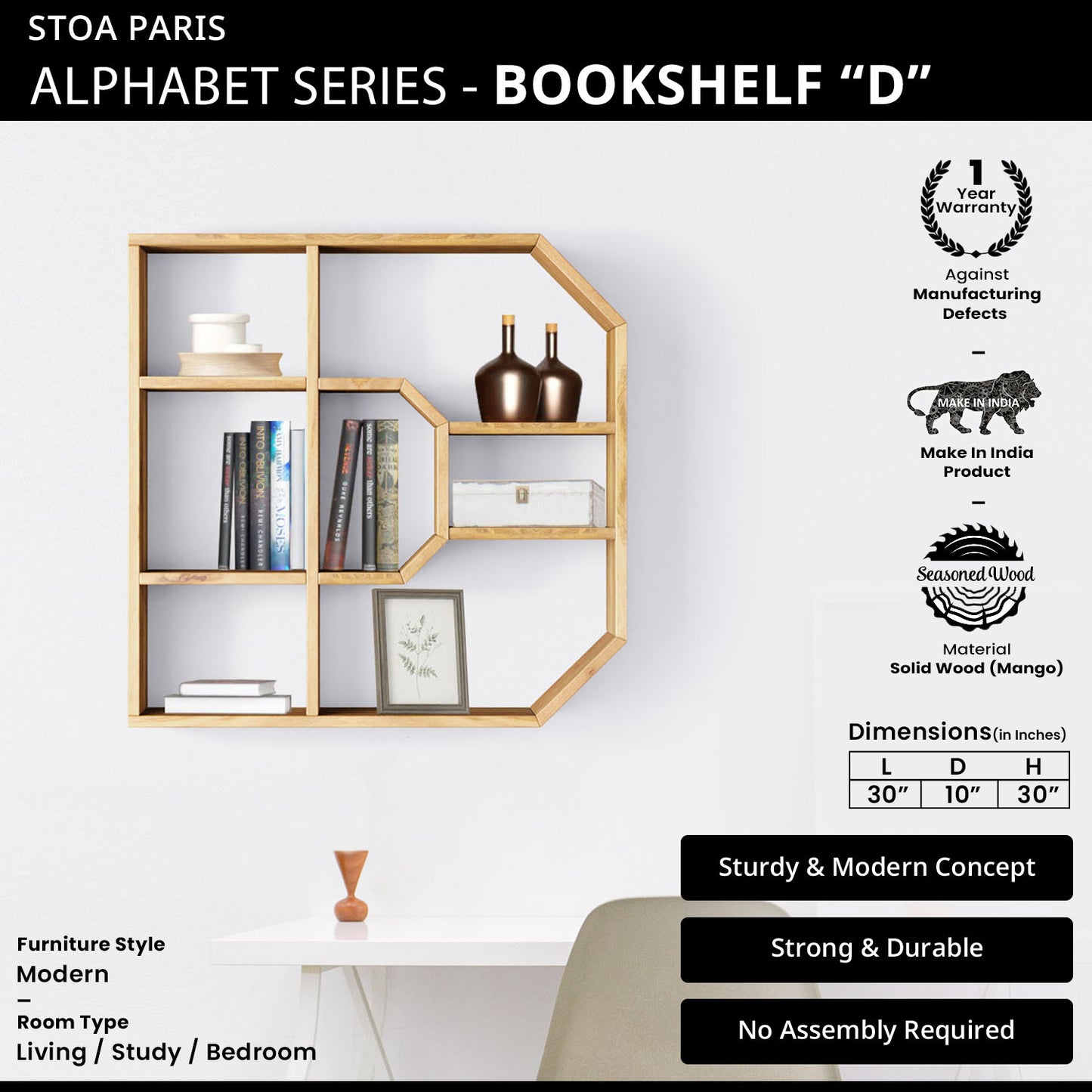 Bookshelf Alphabet "D" In Mango Wood Natural Polish Shade For Books & Decor
