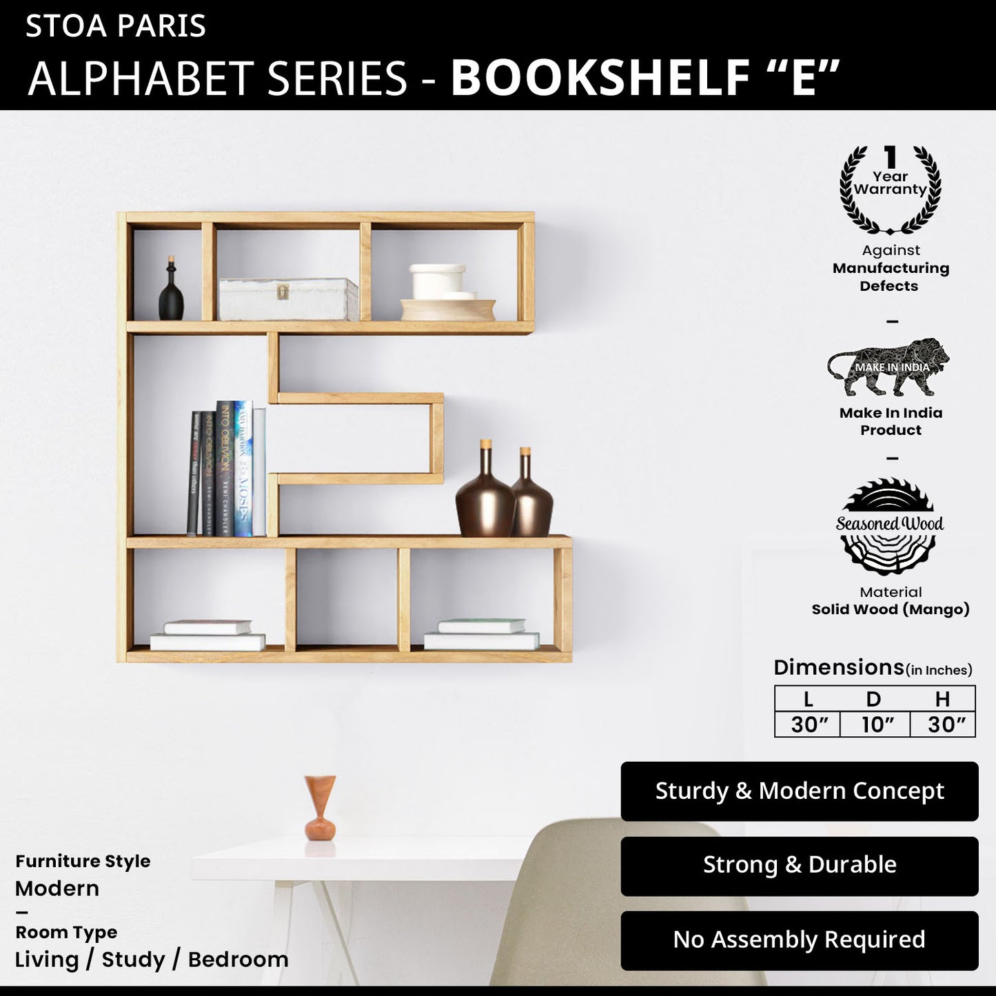 Bookshelf Alphabet "E" In Mango Wood Natural Polish Shade For Books & Decor