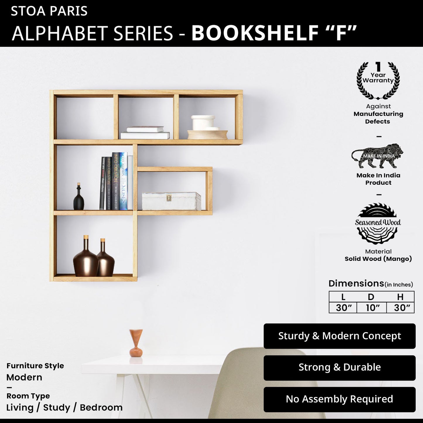 Bookshelf Alphabet "F" In Mango Wood Natural Polish Shade For Books & Decor