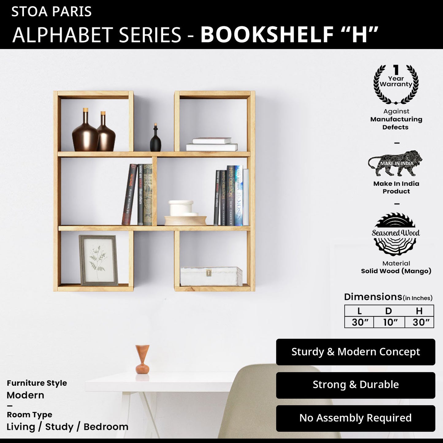 Bookshelf Alphabet "H" In Mango Wood Natural Polish Shade For Books & Decor