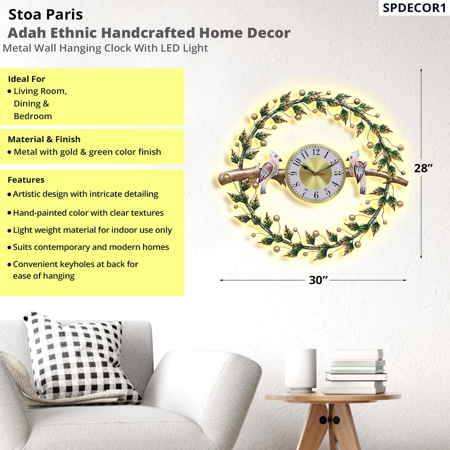 Adah - Handcrafted Décor - Metal Wall Clock - Leafs - Gold & Green Colour