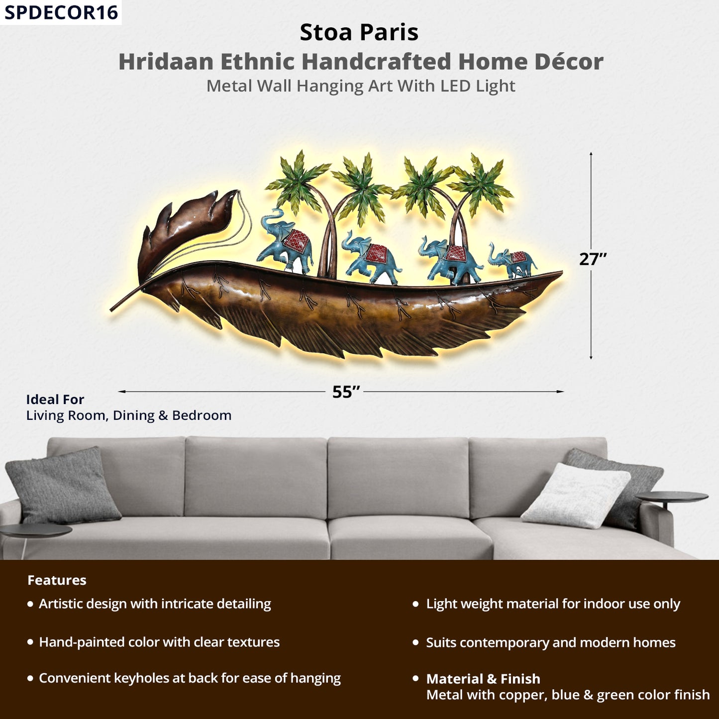 Hridaan - Handcrafted Décor With LED Light - Elephant & Tree Design - Copper, Blue & Green Colour