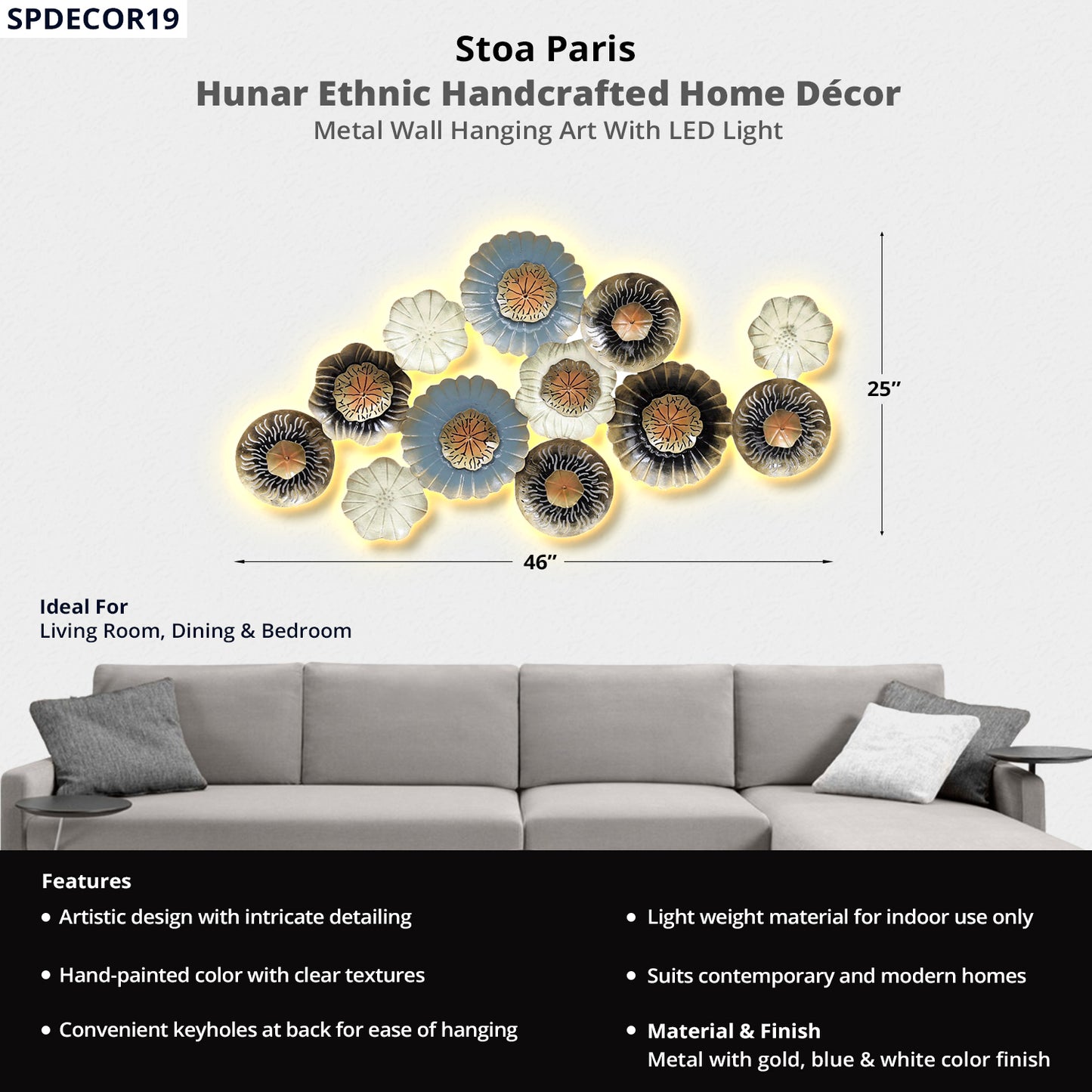 Hunar - Handcrafted Décor - Metal Wall Art With LED Light - Flower Design - Multi Colour