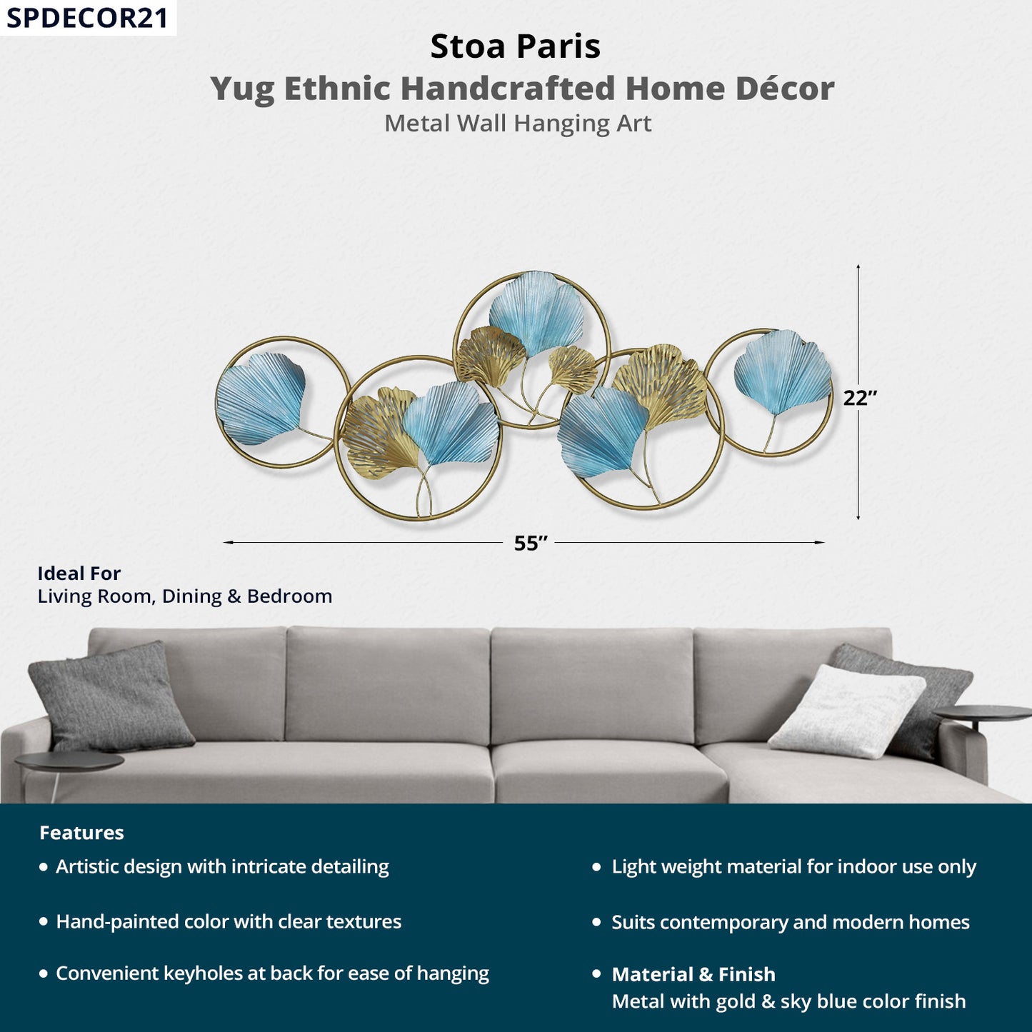 Yug - Handcrafted Décor - Metal Wall Art - Flower Design - Gold & Sky Blue Colour