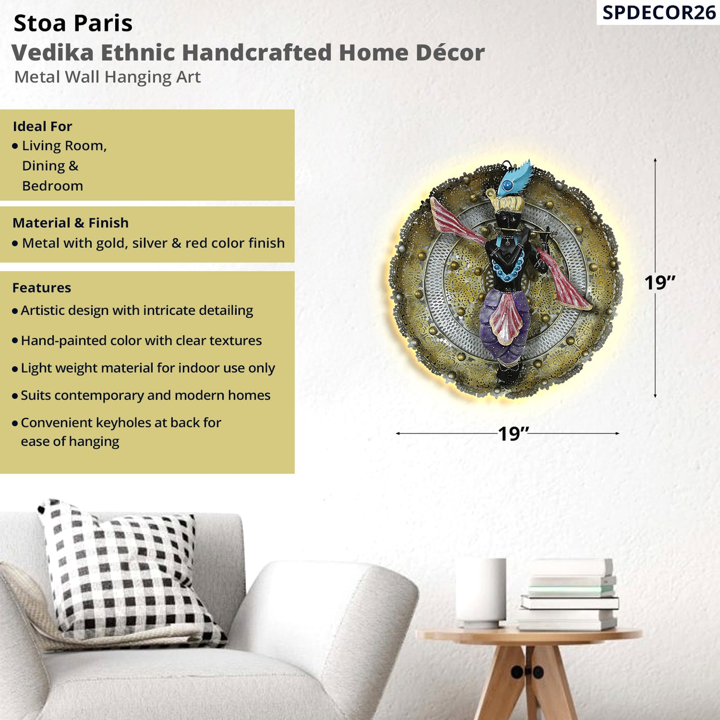 Vedika - Handcrafted Décor - Metal Wall Art With LED Light - Lord Krishna Design - Multi Colour