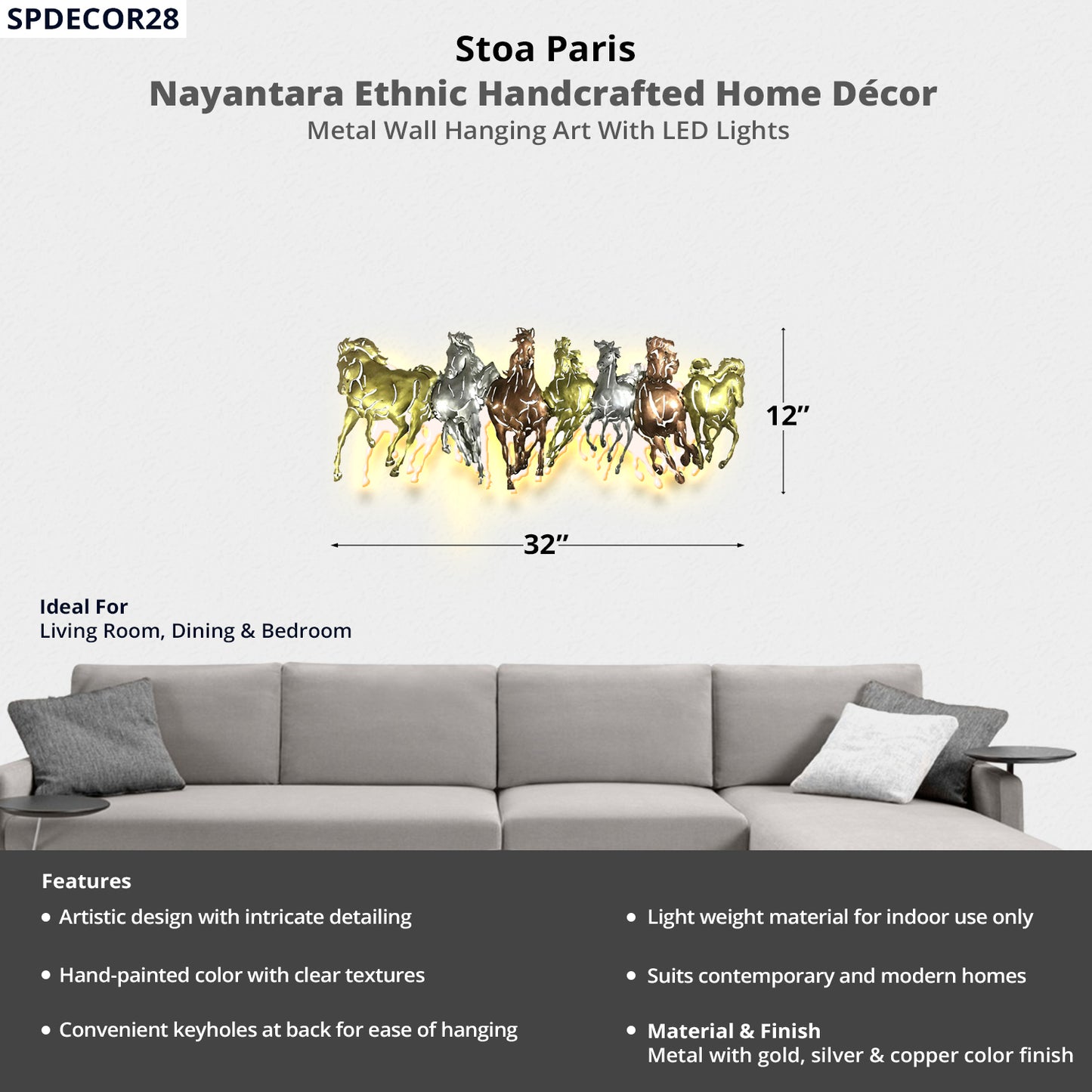 Nayantara - Handcrafted Décor - Metal Wall Art With Led Light - Running Horse Design In Multi Colour