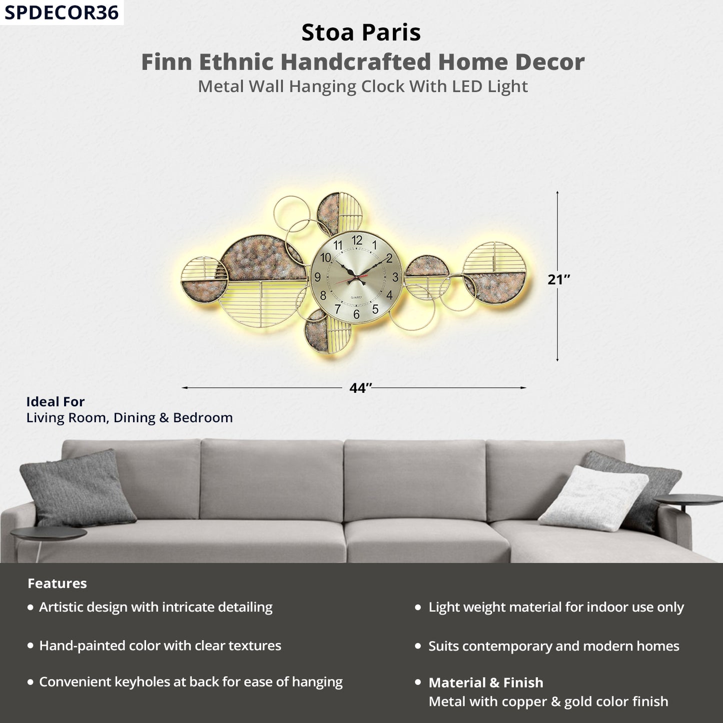 Finn - Handcrafted Décor - Metal Wall Clock With LED Light - In Copper & Gold Colour