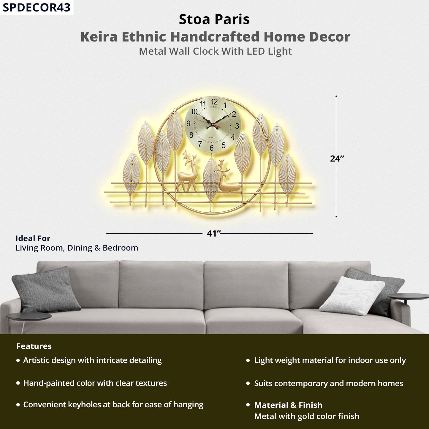 Keira Handcrafted Décor - Metal Wall Clock With LED Light - Gold Colour