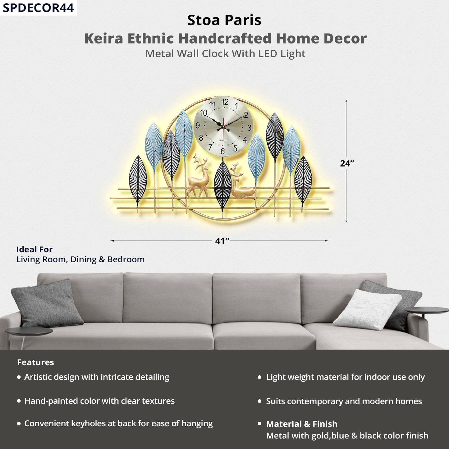 Nora - Handcrafted Décor - Metal Wall Clock With LED Light - Gold, Light And Dark Blue Colour